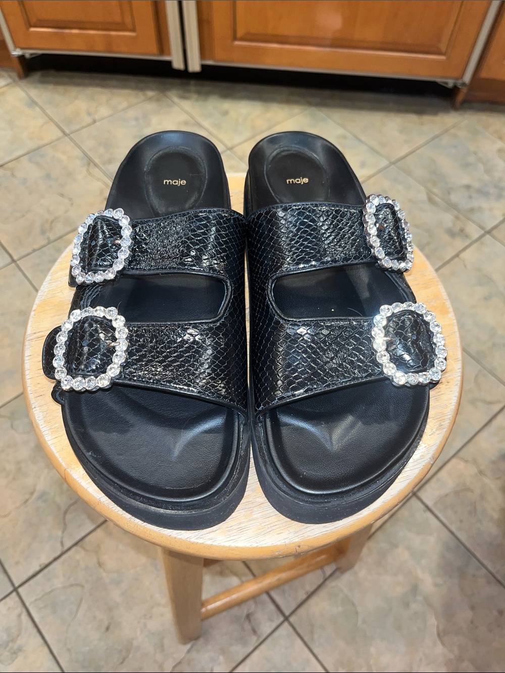 Maje Black Embossed Double-Buckle Slide Sandals with Crystal Buckles